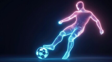Dynamic wireframe soccer player radiating neon energy executes powerful kick motion, captured in futuristic digital side profile against dark space.
