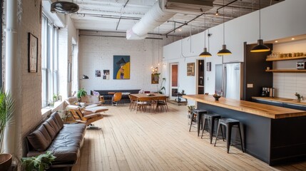 Spacious loft apartment with exposed brick walls, hardwood floors, modern kitchen, and comfortable seating areas.