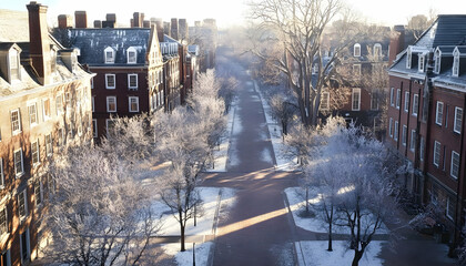 A serene winter scene featuring frost-covered trees and historic buildings along a quiet street.