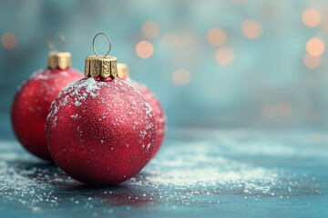 Red Christmas ornaments with snow and copy space to be used as a greeting or Christmas card.