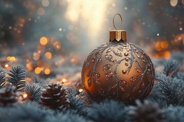 Christmas ornament on snowy ground