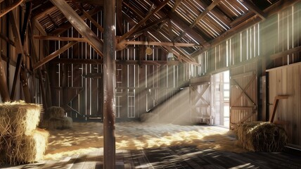 Fototapeta premium Photorealistic image of a rustic barn interior bathed in soft sunlight 