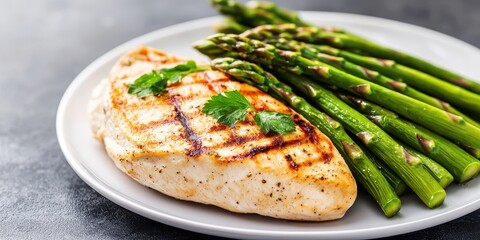 Grilled chicken breast with asparagus. Healthy food with high protein content.
