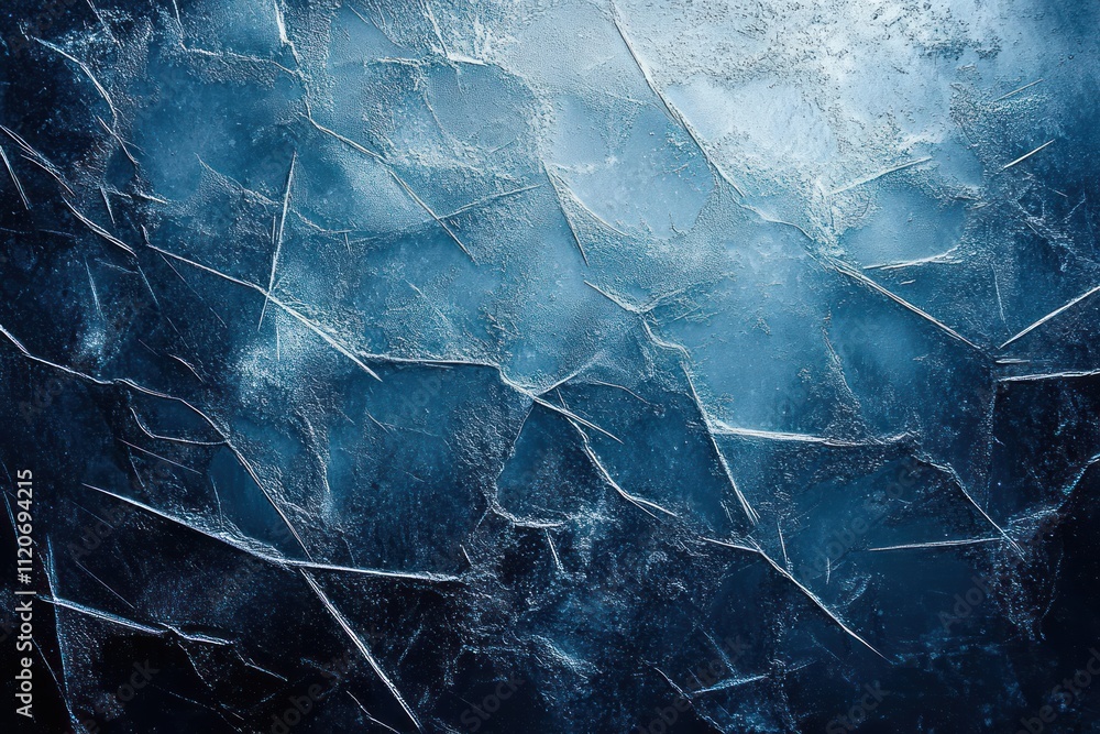Poster textured ice surface with intricate patterns and scratches in blue abstract background