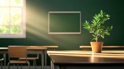 Sunlit classroom with a potted plant on a desk