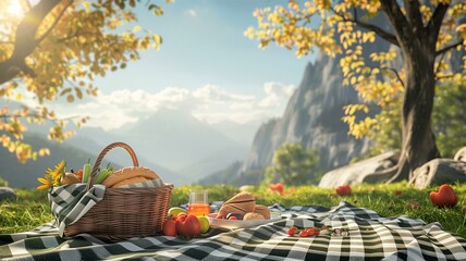 Hyperrealistic depiction of a rustic outdoor picnic setup with basket and fruits
