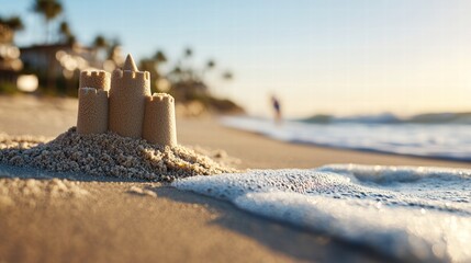 Intricate sandcastle on a serene beach at sunset
