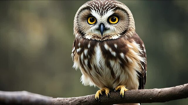 curious saw whet owl blurred bird avian prey predator tiny small closeup video nature outdoors wildlife wild animal looking watching staring alert tree in 4k