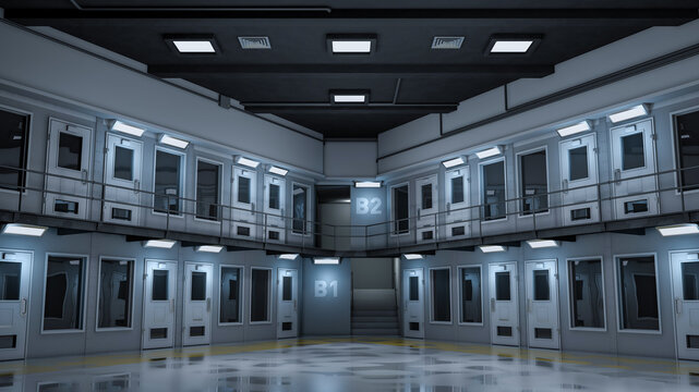 Maximum security prison. Lights turning on sequentialy in maximum security penitentiary. 3d rendering. Seamless loop.
