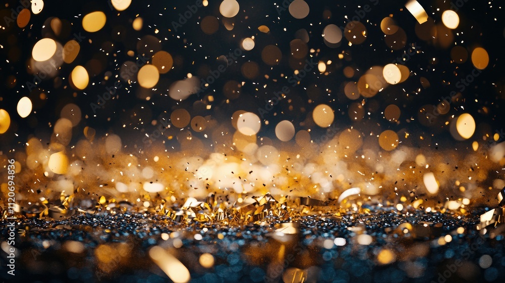 Poster festive happy new year 2021 text with gold confetti and sparkling lights