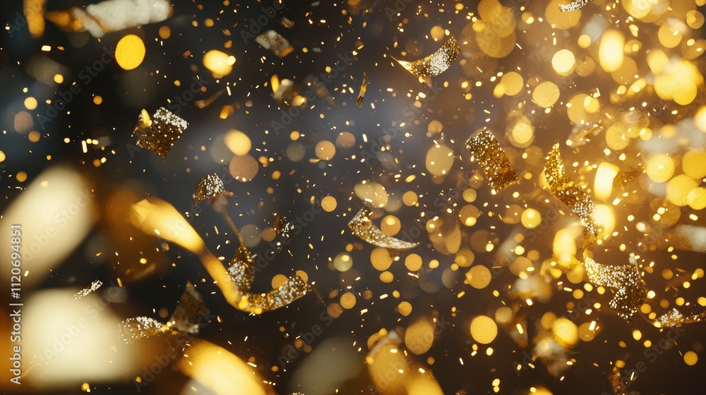 Poster festive happy new year 2021 text with gold confetti and sparkling lights