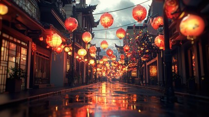 Obraz premium Traditional Chinese New Year lanterns glowing on a festive street 