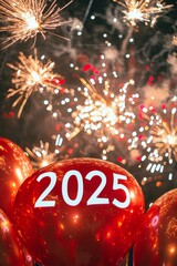 Vivid celebration with fireworks lighting up the night sky and '2025' balloons