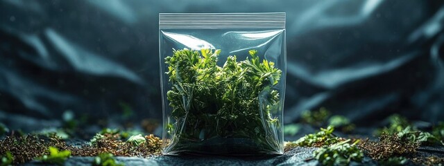 Close Up Shot of Green Herbs in Transparent Bag with Dramatic Lighting Against Dark Background