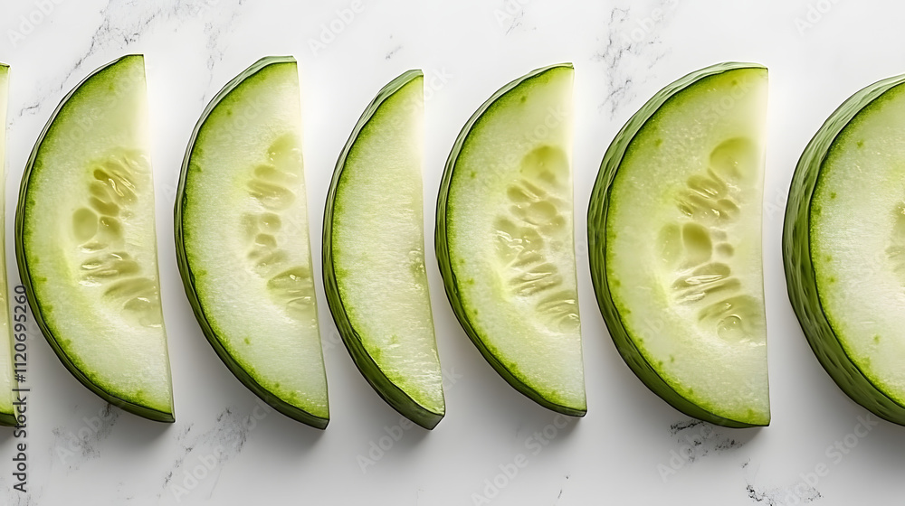 Poster close-up view of seven fresh cucumber slices arranged in a row on a marble surface. the slices are u