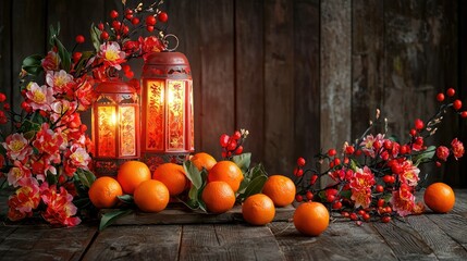 Lanterns, oranges, and decorations symbolizing luck for Lunar New Year 2021 