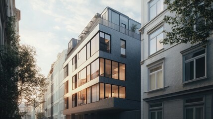 Fototapeta premium Modern apartment building on city street at sunset.