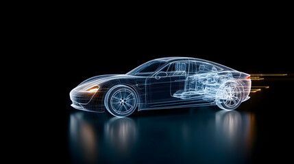 Ordinary blue holographic car, side view, car structure, black background