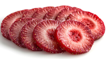 Close-up of several juicy, red strawberry slices arranged neatly on a white background. The slices are perfectly round and show the fruit's texture and seeds.
