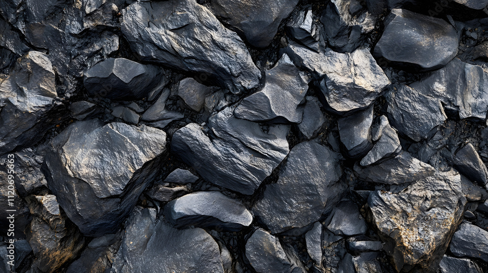 Poster close-up of dark, rough-textured rocks. irregular shapes and sizes create a natural, rugged surface.