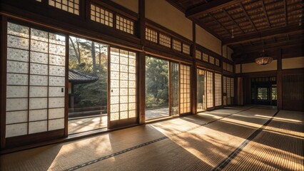 An inviting atmosphere envelops the room where panels allow filtered sunlight to illuminate the surroundings. The interplay of light and shadows accentuates the fabrics intricate