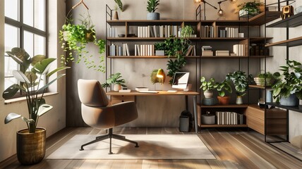 Photorealistic image of a stylish home office with indoor plants
