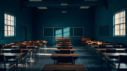 Empty classroom with neat rows of wooden desks and chairs, a large chalkboard on the wall, and bright sunlight streaming through the windows. Generated by AI.