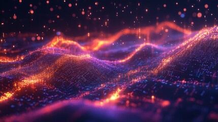 Abstract digital landscape with glowing particles and waves.