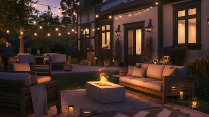 Cozy and Elegant Outdoor Patio with Fire Pit and String Lights
