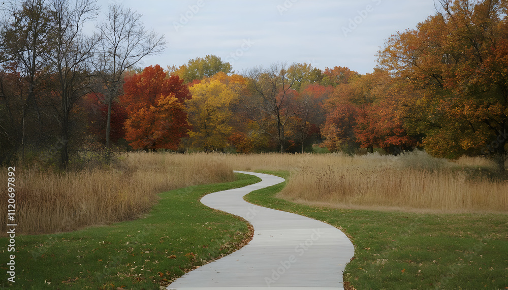 Poster a winding path through a colorful autumn landscape with trees and grasses.