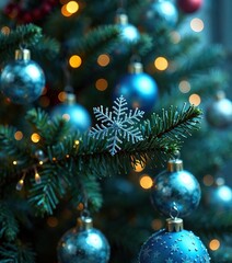 Obraz premium Tiny blue snowflake resting on a branch of a Christmas tree amidst sparkling ornaments, christmas tree ornament, wintry atmosphere, snowy landscape