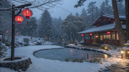 Fototapeta premium A secluded village corner showcases a small pond its surface frozen and covered with a fine layer of snow. Nearby a of red lanterns shines brightly illuminating the surrounding
