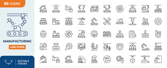 Manufacturing icon set. Outline Icon Collection. Vector illustration. Editable stroke	