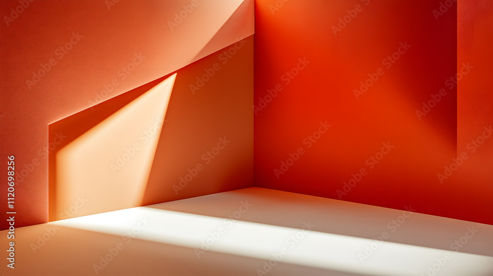 Poster abstract image of a minimalist corner with orange and peach walls, sunlight casting shadows, creatin