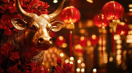 Chinese New Year decorations featuring the Year of the Ox symbol 