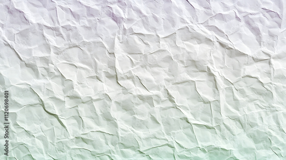 Poster close-up of crumpled white paper with a subtle gradient of pastel purple and green. the texture is r