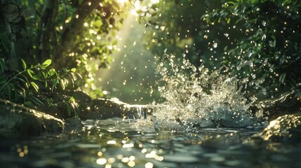 Naklejka premium Splash in the Stream: Water splashes over rocks in the stream, shimmering in the sunlight, bringing motion and life to the tranquil natural surroundings. 