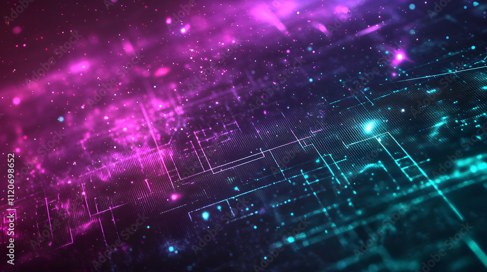 Poster abstract digital background with glowing pink and teal lines and particles. perfect for tech, ai, or