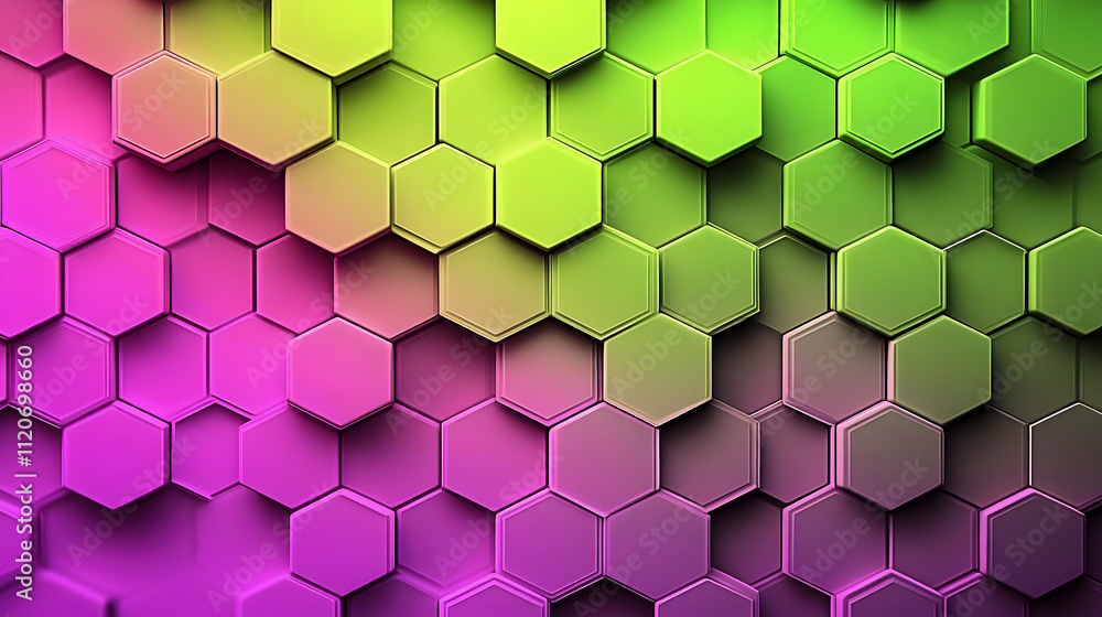 Poster abstract background of 3d hexagonal shapes in vibrant shades of purple and green. gradient effect cr