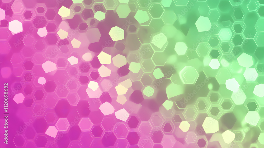 Poster abstract background with hexagonal shapes in shades of pink and green. soft, glowing bokeh effect cr