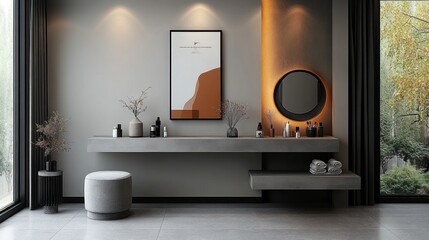 Modern minimalist bathroom vanity with concrete countertop, round mirror, and artwork.