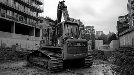 A construction site featuring a large excavator amidst urban buildings.