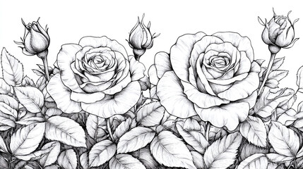 Delicate rose flower coloring, artistic book page drawing garden, intricate doodle sketch outline illustration, botanical decorative blooming, elegant floral artistic.