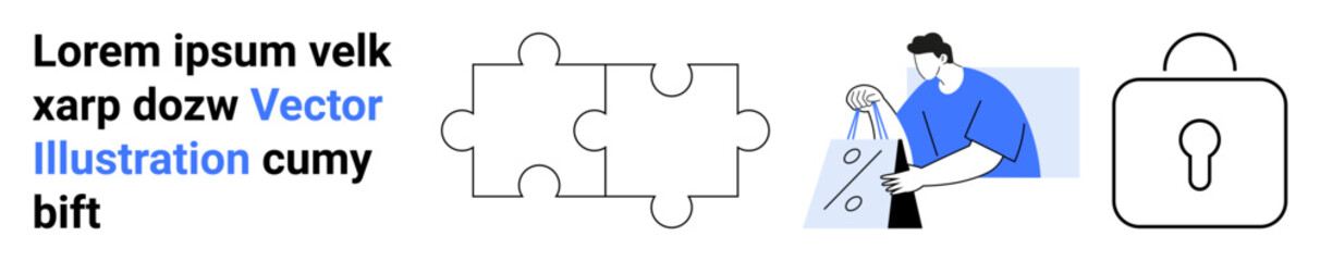 Puzzle pieces representing problem-solving, man shopping online symbolizing e-commerce, security lock depicting privacy. Ideal for business, teamwork, online shopping, e-commerce, digital security