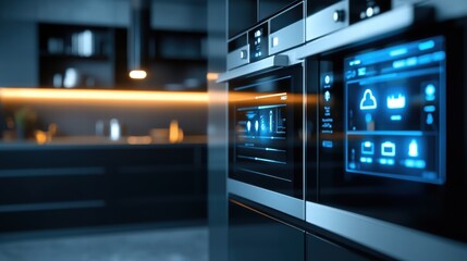 Modern kitchen appliances with digital interfaces