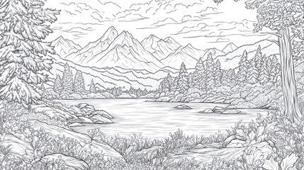 Obraz premium Serene mountain coloring book, artistic page drawing sketch contour, expressive outline nature landscape illustration, detailed relaxing scenic, adventurous creative artistic.