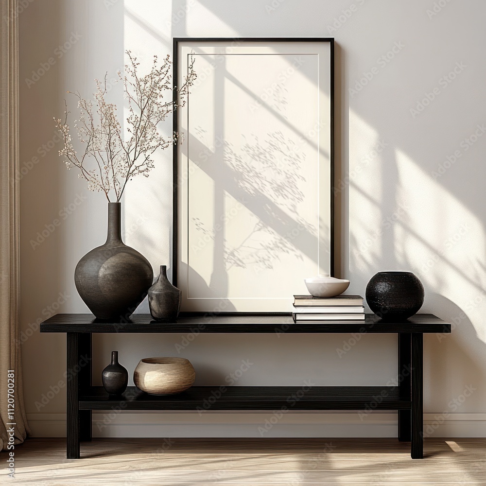 Poster minimalist interior scene with black console table and natural light in modern scandinavian style