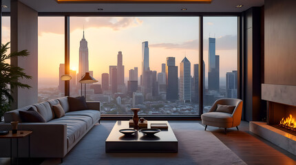 Stunning Urban Sunset View from a Modern Living Room Overlooking the City Skyline