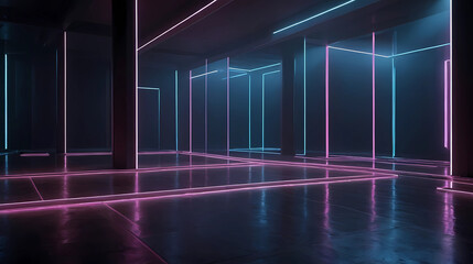 A large room with neon lights and a dark atmosphere