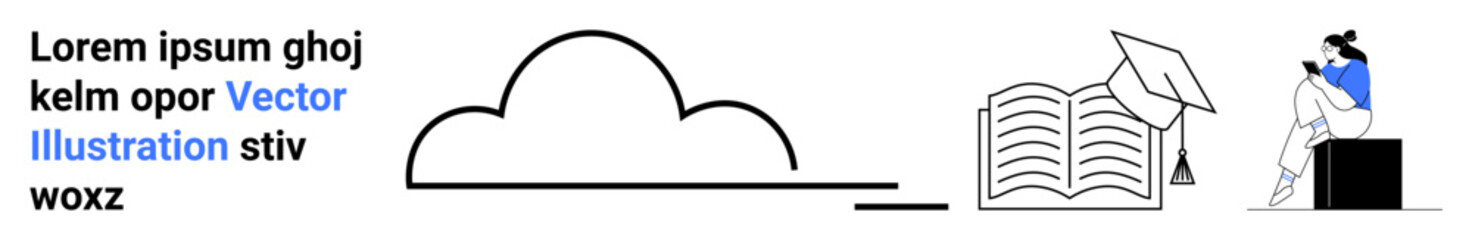 Cloud icon alongside an open book and a student on a laptop wearing a graduation cap. Ideal for online learning, cloud storage, education technology, e-learning platforms, digital libraries, academic